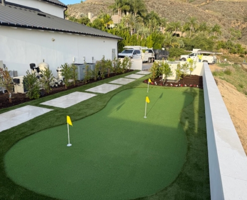 Custom-shaped, contoured putting green with two yellow flags and a white stone pathway running parallel to it.